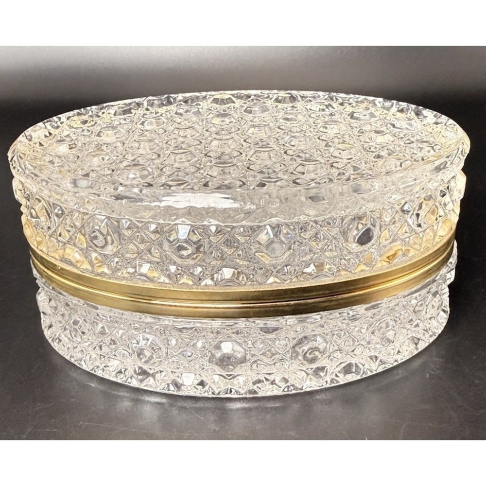 Large Antique French Crystal Dresser Box Hinged Vanity Casket Baccarat Style 6"